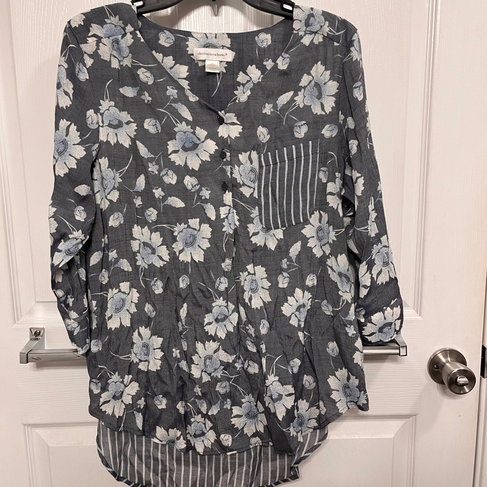 Christopher & Banks Floral Stripe Mixed Print V-Neck Blouse Large Blue Grey L